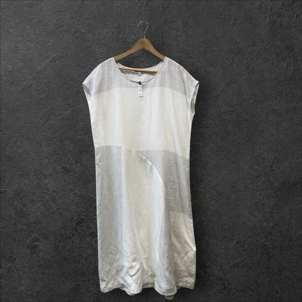Pure Jill Womens Large 100% Linen Colorblock Shift Midi Dress White Grey Cap Slv